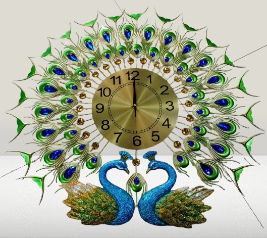 Decorative wall clock featuring a peacock design