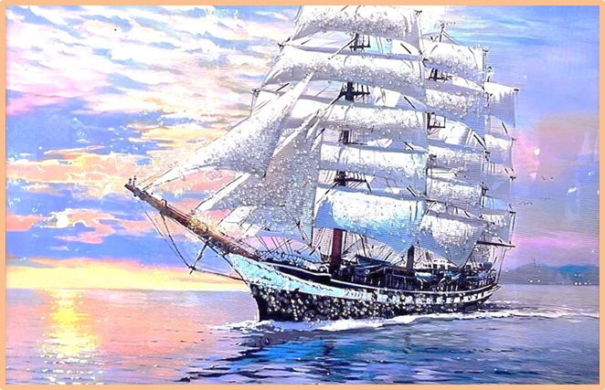 SHIP WITH WHITE SAILS AT SUNSET
