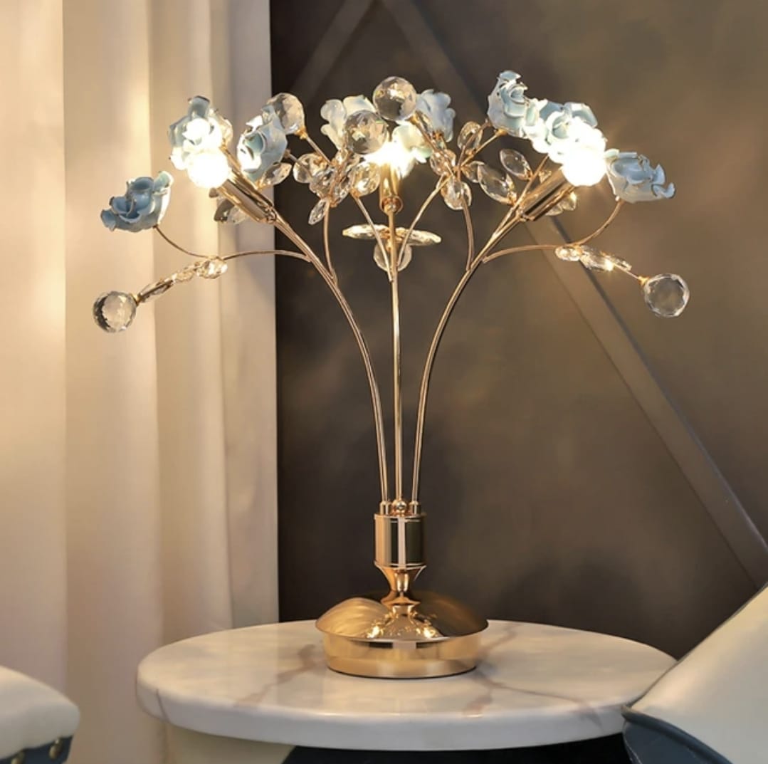3 Bulbs Gold Ball Desk Lamp Modern Faceted Crystal Nightstand Light with Ceramic Flower Design